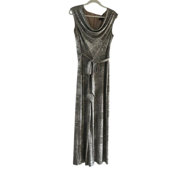 Roz & Ali Silver Metallic Wide Leg Cowl Neck Jumpsuit Size 6 - Picture 1 of 10
